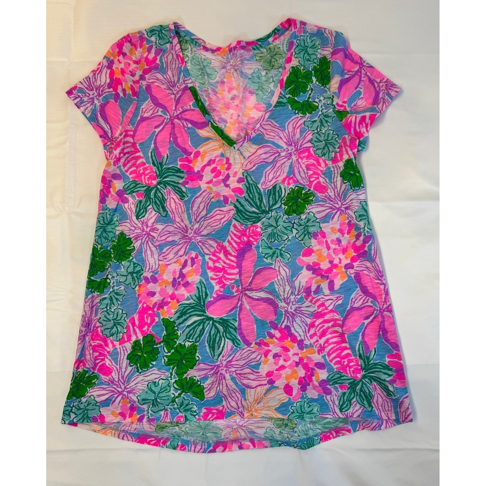 Lilly Pulitzer Etta V-Neck T-Shirt Floral Print Cotton Slub Pink Blue Small EUC